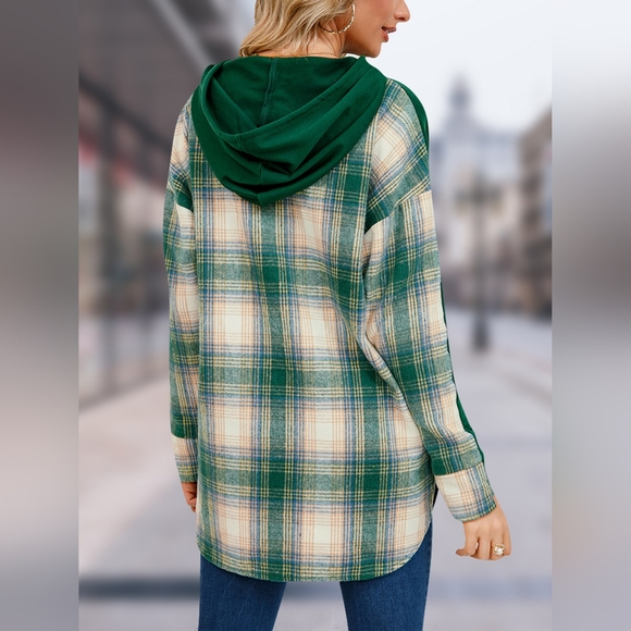 Green Plaid Drawstring Long Sleeve Slit Casual Pullover Warm Hoodie. NWT - Picture 2 of 3